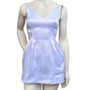 LUX LA White Satin Mini Bubble Dress V-Neck Spaghetti Strap Pockets Sexy Small